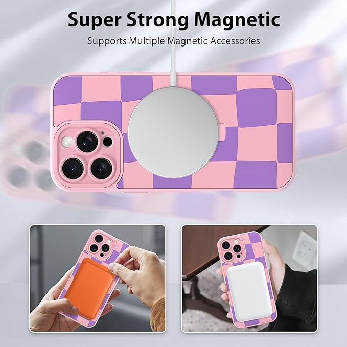 KANGHAR Compatible with iPhone 16 Pro Case, Support for MagSafe, Silicone Checkered Cute Pattern, Wristband Kickstand Camera Protection Soft Slim Cover for Girls Women -Pink