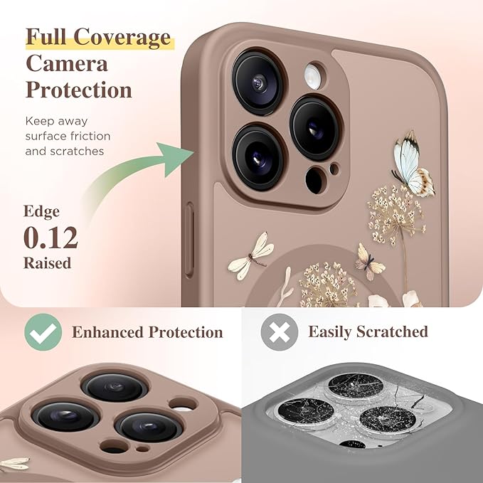 GVIEWIN for iPhone 15 Pro Max Case Compatible with MagSafe, [Military Grade Protection] [Screen Protector] Full Camera Protection Floral Translucent Women Magnetic Phone Case, Autumnflit/Brown