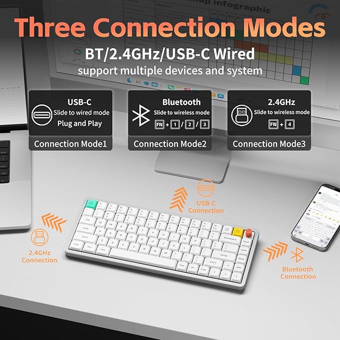 nuphy Air75 V3 Hot Swappable Wireless Mechanical Keyboard, 84 Keys 75% Custom Low Profile Keyboard with Knob, RGB Backlit, Gasket Mounted, Support Bluetooth/2.4GHz/USB-C,White-Red Nano