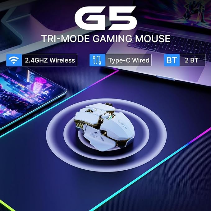 EWEADN G5 Wireless Gaming mouse, 12800 Adjustable DPI Ergonomic Mouse with 6 RGB Backlit Modes, Rapid Fire Key, 9 Programmable Macro Buttons, Rechargeable Bluetooth Mouse for PC/Mac/Laptop - White