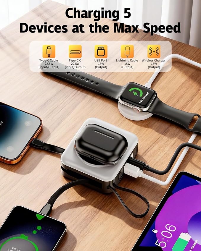 for Magsafe Portable Charger with Built-in Cables and AC Wall Plug, 10000mAh Magnetic Wireless Power Bank 22.5W Type-C in & Out Fast Charging Battery Pack for iPhone 17/16/15/14/13/12 Series, White