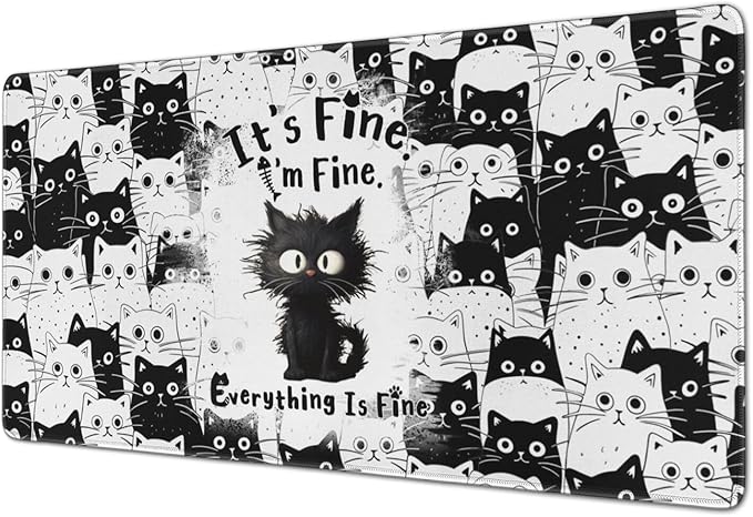 Funny Cat Mouse Pad Gaming, Large Mouse Pads for Desk, Extended Mousepad with Non-Slip Rubber Base Stitched Edge, Black Cat Mousepad Keyboard Mat for Desk Gaming Home Office, 31.5" x 11.8"