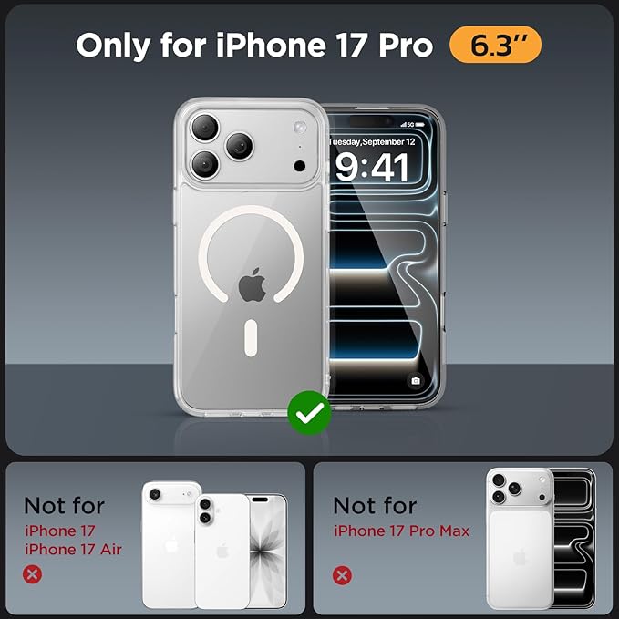 Miracase Magnetic for iPhone 17 Pro Case 6.3" with Screen Protector, [Compatible with MagSafe] Military-Grade Protection, Anti-Fingerprint, Slim Thin Phone Case for 17 Pro Cover, Clear