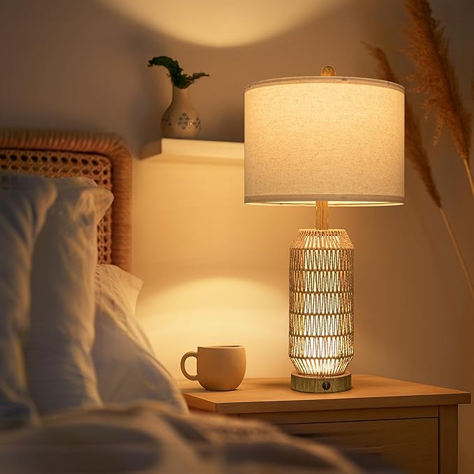 OYEARS 25" Table Lamps Set of 2 with Night Light,Bedside Lamps for Bedroom,Boho Lamps with USB C+A Charging Ports,Farmhouse Table Lamp with Rattan,Frosted Glass,Linen Shade,Wood Grain (Bulb Included)