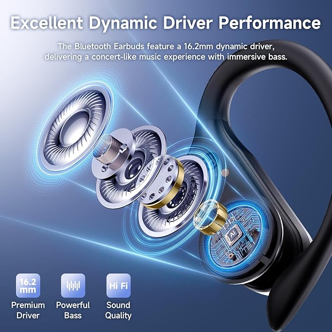Wireless Earbuds, Sports Bluetooth 6.1 Earhooks Headphones, 90H Playtime LED Charging Case, ENC Noise Cancelling, 16.2mm Driver HiFi Stereo, IPX7 Waterproof Earphones for Running Workout Gym Black