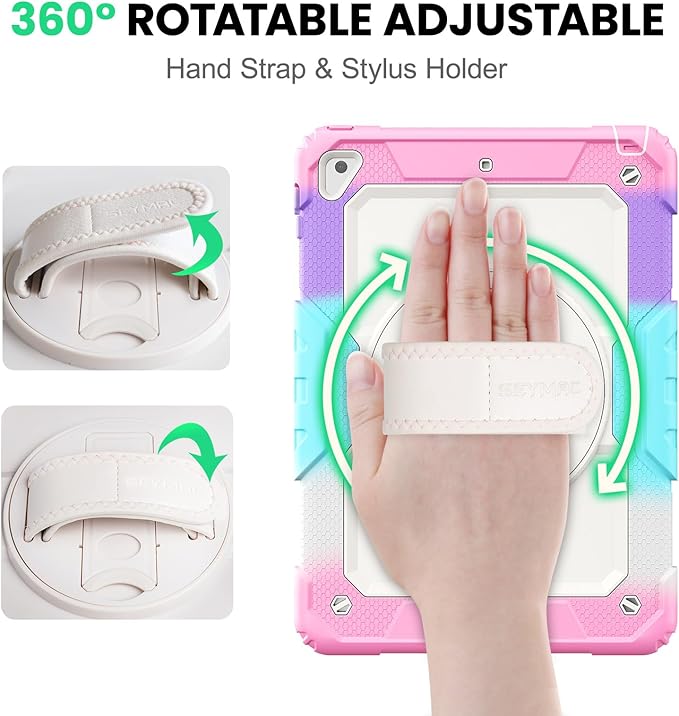 SEYMAC Case for iPad 6th/5th Generation 9.7 Inch, Full-Body Shockproof Heavy Duty Protective Case with Screen Protector, Rotating Stand/Hand/Shoulder Strap for iPad Air 2/ Pro 9.7, Colorful Pink