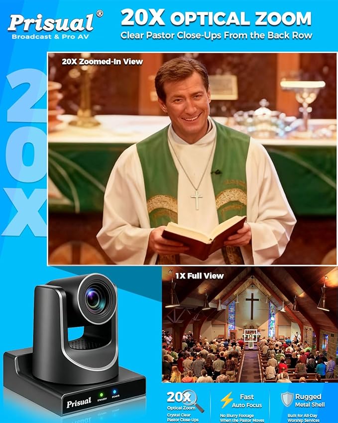Prisual NDI PTZ Camera Gen 5, NDI 6 & NDI HX3 License Include, AI Auto Tracking, 20X Optical Zoom, 3G-SDI/HDMI/USB/LAN PoE, for Church Worship Live Streaming Education Events - TEM-20N PRO