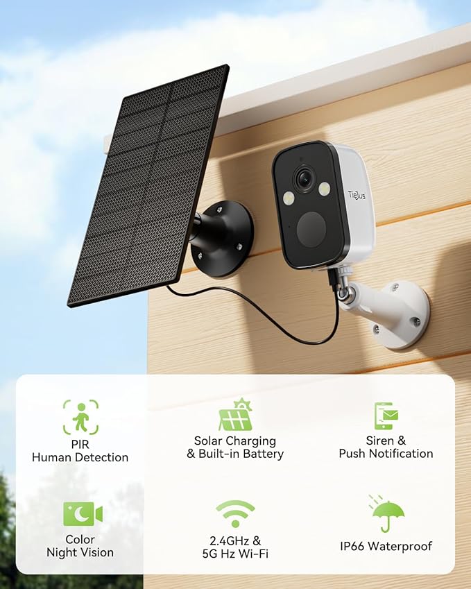 2K Solar Security Cameras Wireless Outdoor, 2.4G/5G WiFi, Powered by Sun Rechargeable Battery Backup, Color Night Vision, PIR AI Motion Detection, 2 Way Talk, IP66, Works with Alexa/Cloud/SD