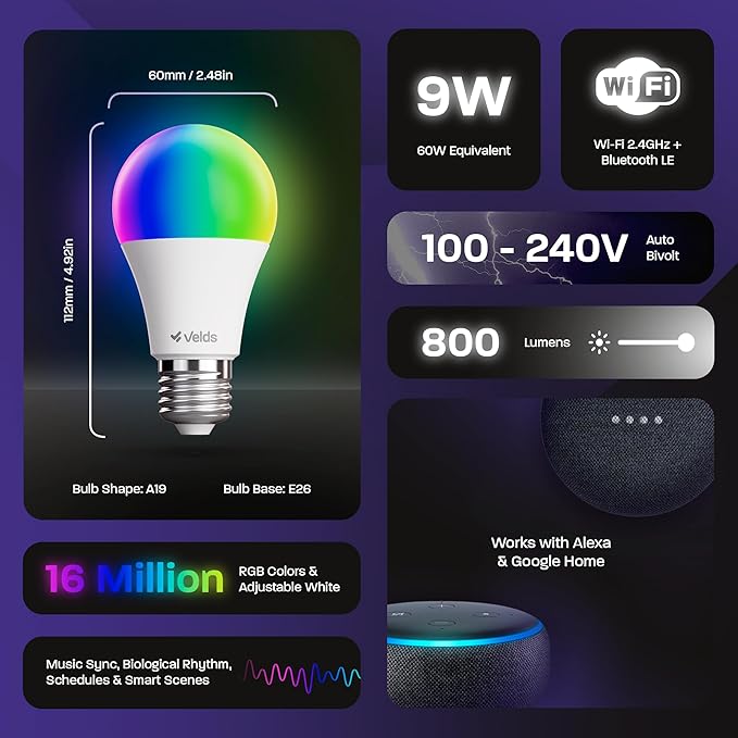 Smart Light Bulbs, Dimmable Color Changing LED RGBW, Compatible with Alexa & Google Home, WiFi 2,4GHz & Bluetooth A19 E26, 9W 800LM 60W Equivalent, Music Sync, No Hub Required, 4 Pack