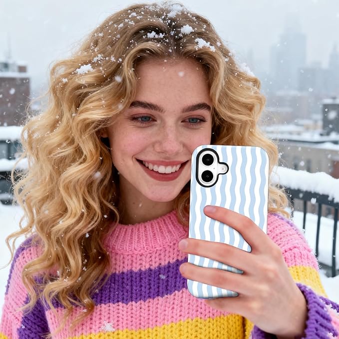 Magnetic for iPhone 16 Case Cute Wavy Stripes Phone Case, Shockproof Slim TPU and Hard PC Protective Phone Cover Compatible with MagSafe Designed for Women Girls, Blue