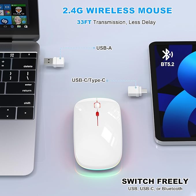 LED Bluetooth Wireless Mouse for MacBook Air Mac Pro Laptop Computer iPad, Rechargeable Silent Light-Up Mouse Jiggler Optical Dual Mode BT5.2 & USB-A/USB-C for Students, Kids, Girls, Boys - White