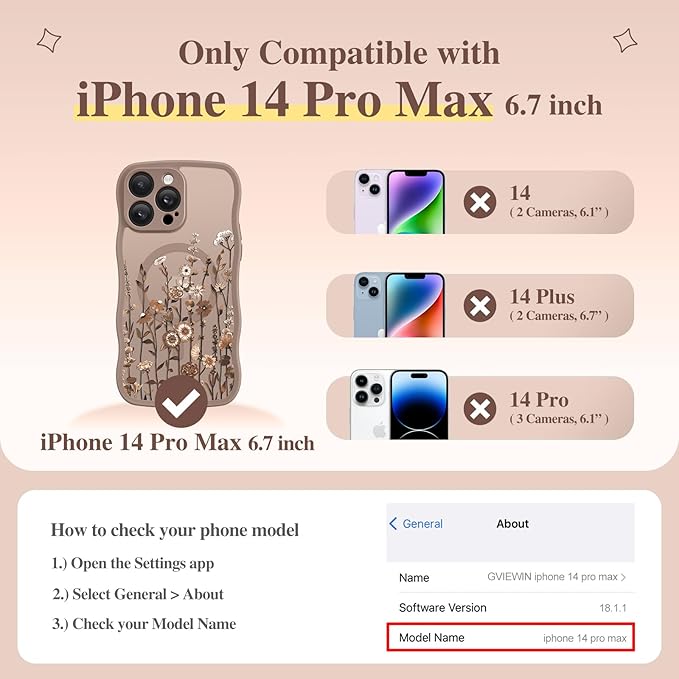 GVIEWIN for iPhone 14 Pro Max Case Compatible with MagSafe [Curly Wave Edge][Full Camera Protection] Floral Translucent Shockproof Magnetic Women Phone Case for 14 Pro Max, Floratopia/Brown