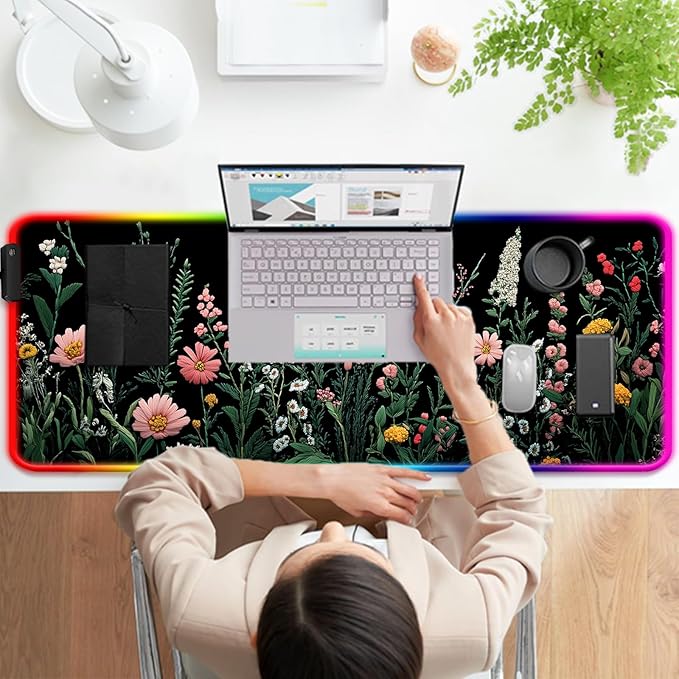 RGB Pretty Wildflower Gaming Desk Mat, Computer Keyboard Large Extended Flowers LED Mouse Pad for Office and Home, 31.5×11.8 Inches, XL