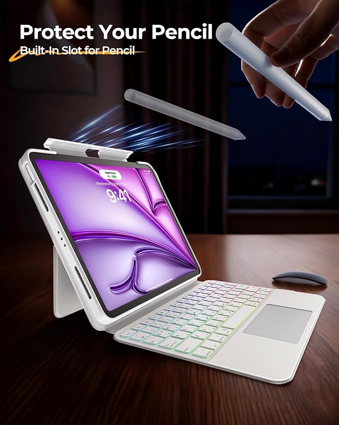 Keyboard Case for iPad Air 11" (M3/M2)& Pro 11" 4th 3rd 2nd 1st Gen, Clear Detachable Magnetic 360 Rotatable & Liftable Cover, 7-Color Backlit, Native Gesture Trackpad, 180 Kickstand, White