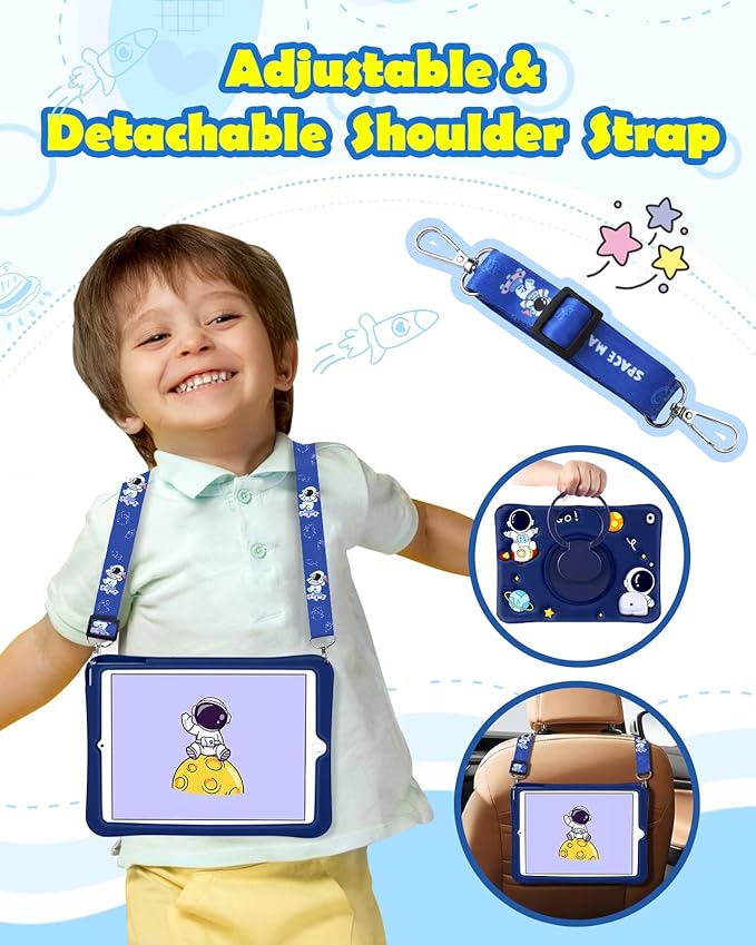 Wazzasoft for iPad mini 1/2/3 Case 7.9 Inch Girls Boys Cute Astronaut Cover Kawaii 3D Cartoon Spacemen with Rotating Handle Stand + Strap Silicone Funda for Apple iPad mini 3rd/2nd/1st Gen Cases