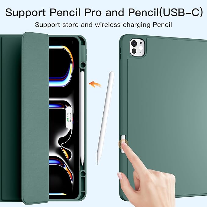 Akkerds Compatible with iPad Pro 13 Inch Case (M5/M4) 2025/2024, for iPad 13 Pro Case with Pencil Holder, Slim Trifold Stand Protective Cover with Soft TPU Back, Auto Wake/Sleep (DarkGreen)