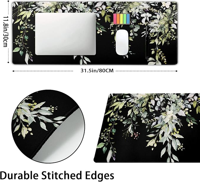 Sage Green Leaves Gaming Mouse Pad XL Spring Summer Floral Extended Large Desk Mat Black Big Mousepad Non-Slip Rubber Base Stitched Edge Long for Desktop Office Computer Gamer,31.5×11.8 in