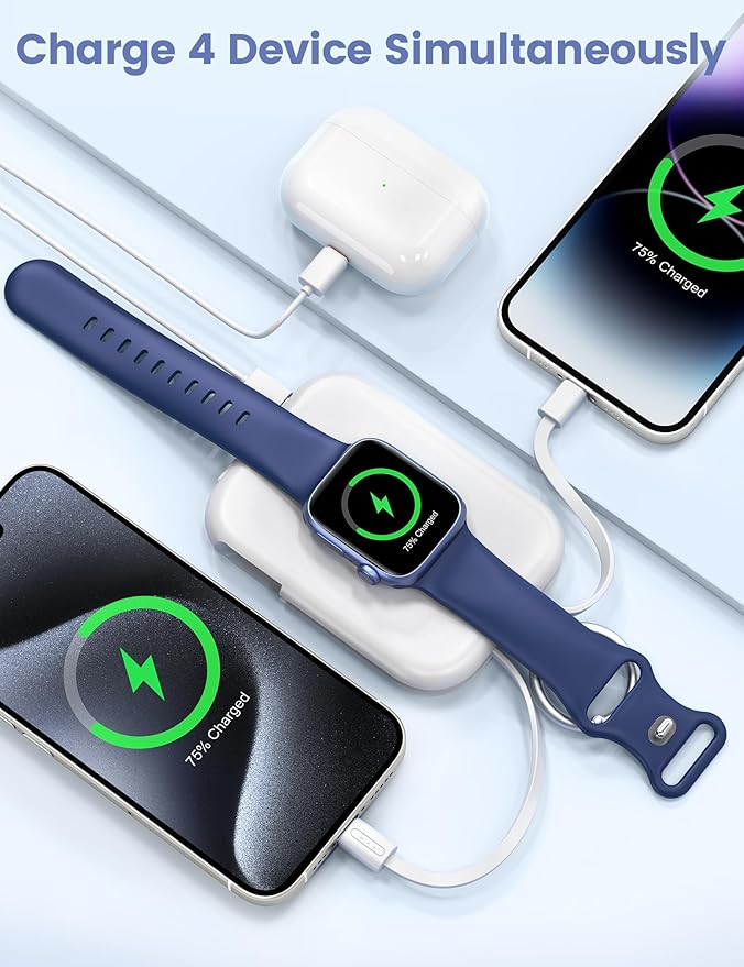 RORRY Portable Charger, 5000mAh Portable Charger Power Bank with Built-in Cables, Travel Keychain Battery Pack for Apple Watch Ultra/11/10/9/8/7/6/SE, iPhone Air/17/16/15/14/13/12, White