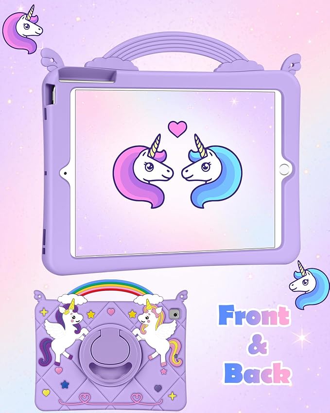 Uppuppy for iPad 5th/6th Gen, Air1/ Air2, Pro 9.7 Inch Case - Cute Girls Kawaii Cover Girly Cartoon Teen with Stand&Strap Purple Soft Silicone Cases for iPad 6/5 Generation, Air 1st/2nd, Pro 9.7 Cases