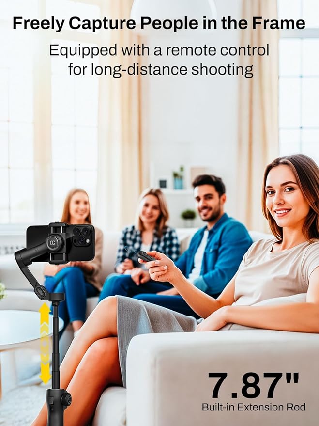 AOCHUAN Gimbal Stabilizer for iPhone w/Bluetooth Remote, 3-axis Phone Stabilizer w/7.8” Extension Rod, AI Face Tracking Smartphone Gimbal, Gesture Control for Video Shooting - Smart V8 Kit Black