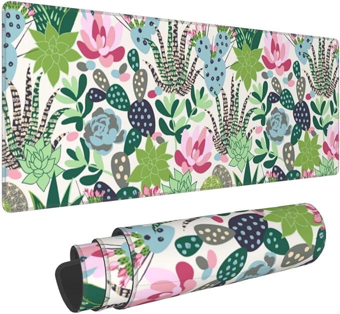 Cute Large Mouse Pad Desk Mat, Succulents and cactus Big Extended Funny Gifts XL Gaming Mousepad with Stitched Edges for Writing, Table, Long Extended Desk Pad for Women Girls Office, 31.5*11.8 Inch