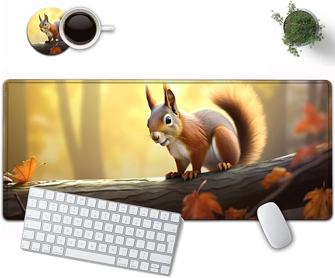 Large Mouse Pad, 31.5 x 11.8in Extended Gaming Mouse Pad with Stitched Edges, XXL Mousepad Protector Non Slip Rubber Base for Office & Home Writing Mat, Animals Cute Squirrel Nature Pattern Desk Mat