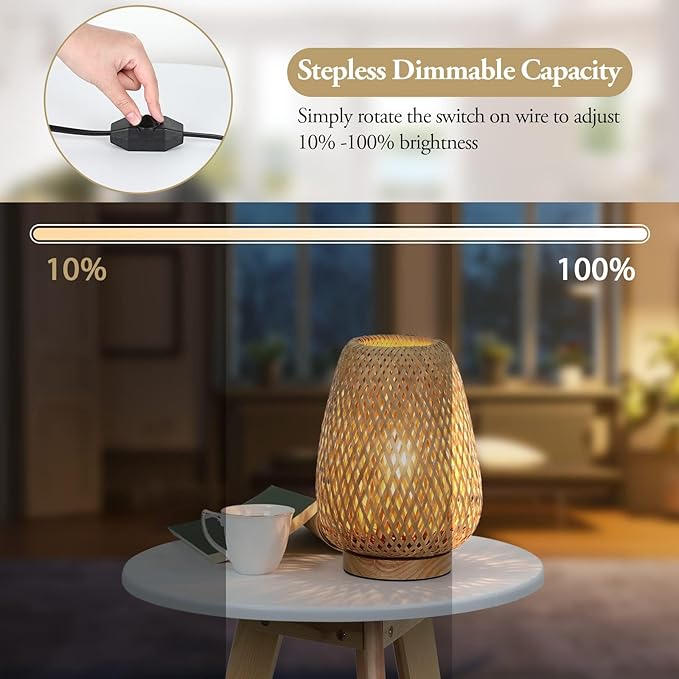 Rattan Table Lamp, Stepless Dimmable Small Beside Lamp, Vintage Wicker Wooden Nightstand Boho Bamboo Woven End Table Lamps for Bedroom Living Room Desk Kids Room, 2700K T45 LED Bulb Included