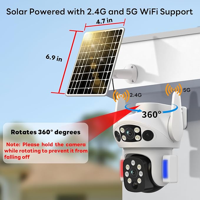 Solar Camera Outdoor Wireless, Dual Lens Security Camera for Home & Farm, Light Alarm & Color Night Vision, Outdoor Camera Two-Way Audio (1 Pack)