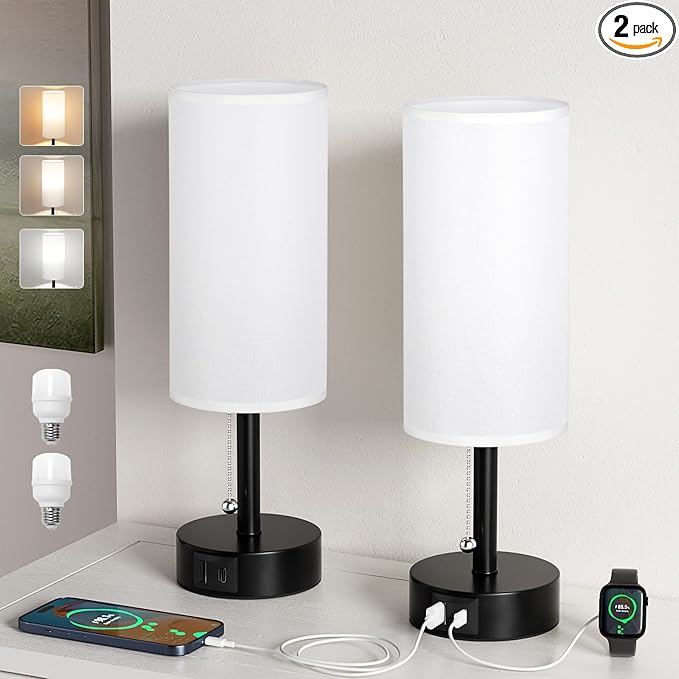 Fenmzee USB Bedside Table Lamps Set of 2-3 Color Temperatures Pull Chain Lamp with USB C and A Charging Ports, Round Night Stand Lamps for Bedroom