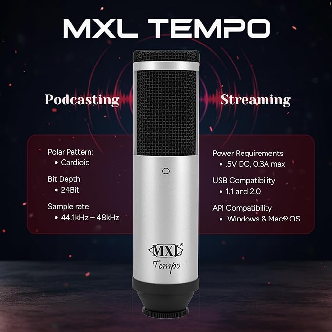MXL TEMPO-SK Mac and PC Compatible USB 2.0 Powered Condenser Microphone - Silver/Black