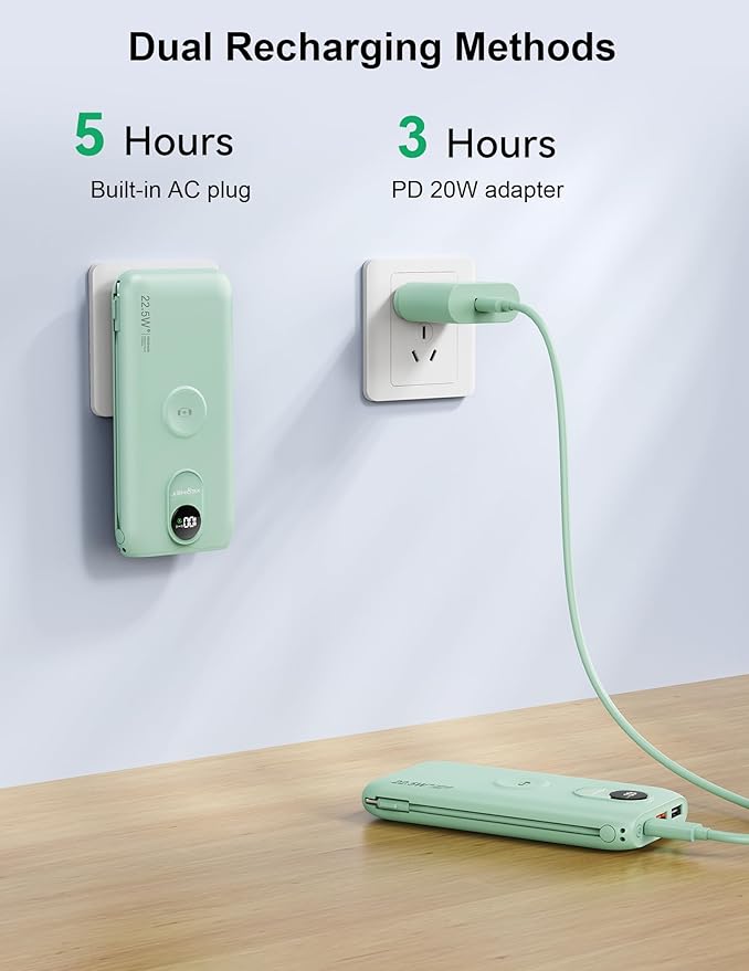 Portable Charger, 10000mAh 22.5W Power Bank Fast Charging with Wall Plug, Built-in Cables, LED Display, Compact Lightweight USB C Travel Battery Pack for iPhone 17/16, Android Cell Phone, Pad, iWatch