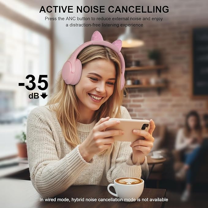 Active Noise Cancelling Headphones, 65H Bluetooth Headphones Custom EQ via App Headphones Wireless with Mic, Bluetooth 6.0 Detachable Cat Ears Foldable Headsets for Commuting Travel Work Home (Pink)