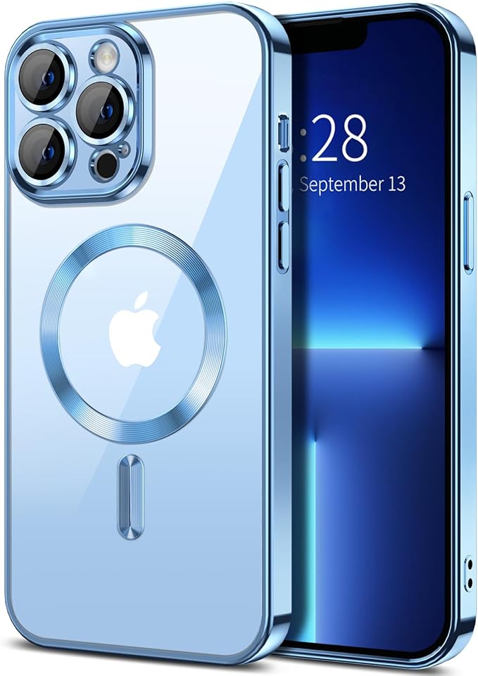 Hython Magnetic Clear for iPhone 13 Pro Case with Camera Lens Protector [Compatible with MagSafe] Luxury Plating Edge Slim Soft TPU Cover Protective Phone Case for iPhone 13 Pro 6.1", Light Blue