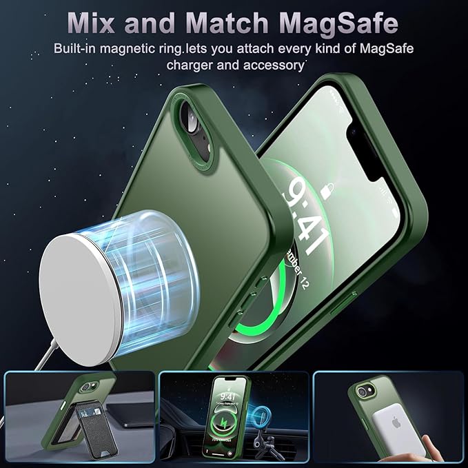 Newfuture Designed for iPhone 17e Case & iPhone 16e Case with Magnetic [13 FT Military Drop Protection] [Compatible with Magsafe] Translucent Shockproof with Anti-Fingerprint Phone Case, Dark Green