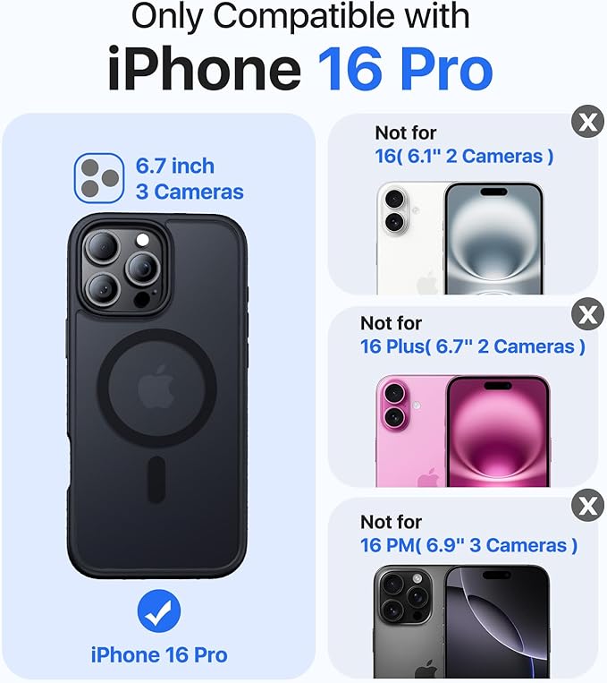 Magnetic for iPhone 16 Pro Case, [Compatible with MagSafe][Military-Grade Drop Protection][Anti-Yellowing] Shockproof Protective Translucent Matte Cover for iPhone 16 Pro Phone Case,Black