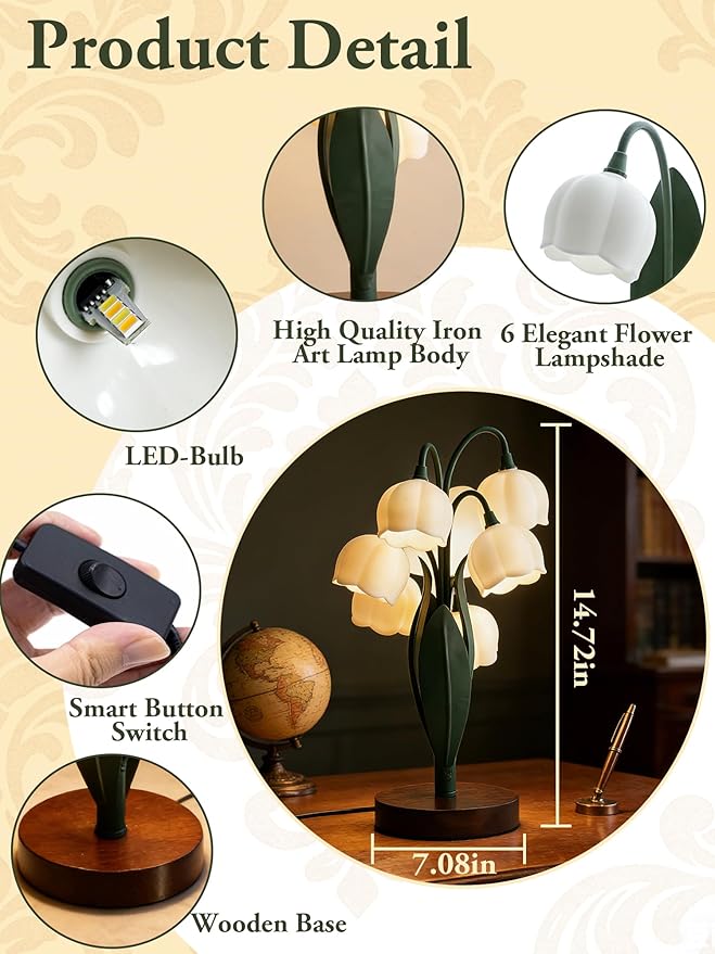 Flower Lamp,Bedside Vintage Table Lamps,6 Lily of The Valley Night Lights,3 Colors Modes Kawaii Aesthetic Lighting,Cute Desk Lamp for Bedroom,Living Room, Office Home Decor(Dark Green)