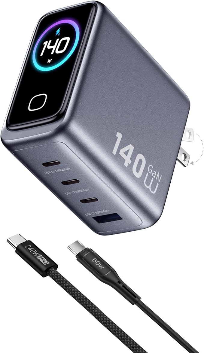 USB C Charger Block 140W Smart Display Touch Control Charging Block Foldable Compact Wall Plug 4 Port PD PPS GaN Charger with 2 Pcs 5Ft Cable for MacBook iPad iPhone 17/16/15 Series Tablet Laptop