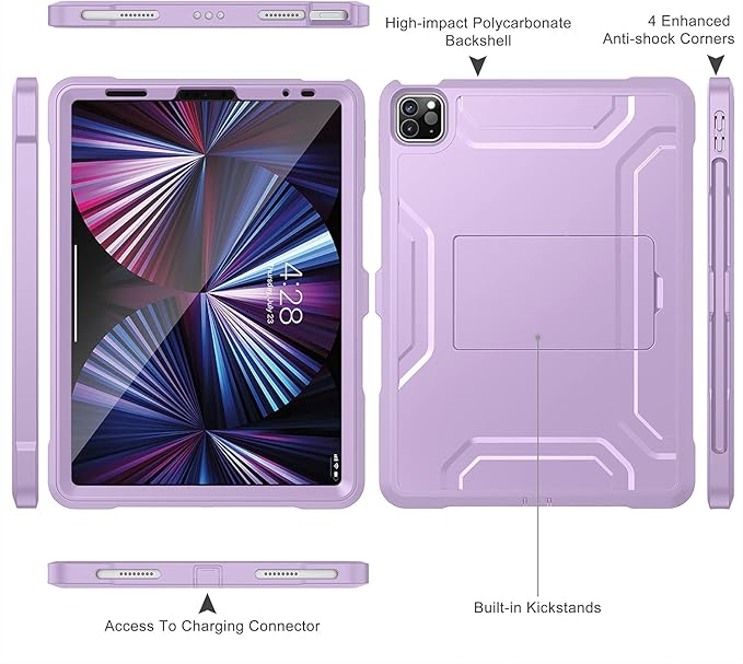 Soke Case for iPad Pro 11 Inch 2022/2021/2020/2018/iPad Air 5th/4th Generation,Built-in Screen Protector - Support 2nd Apple Pencil Charging - Heavy Duty Rugged Protective Kickstand Case - Violet