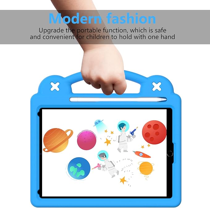 For iPad 9th Generation Case for Kids,iPad 8th 7th Gen Case, Shoulder Strap Shockproof Cute DIY Figures Design Handle Stand Protective Rugged Case for Apple iPad 9th 8th 7th Gen 2021/2020/2019,Skyblue