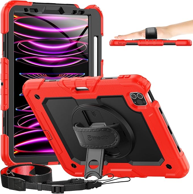 Timecity Case for iPad Pro 11 inch 4th/3rd/2nd/1st Generation 2022/2021/2020/2018, Heavy Duty Protective Case with Screen Protector, Swivel Stand, Hand/Shoulder Strap,Pencil Holder Case- Red