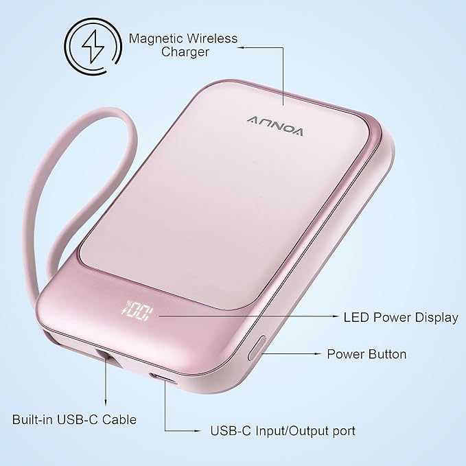 Magnetic Power Bank 10000mAh, Wireless Portable Charger with 15W Max Fast Charging & Built-in USB-C Cable, 22.5W PD LED Display Battery Pack Compatible with iPhone 17/16/15, Samsung Galaxy(pink)