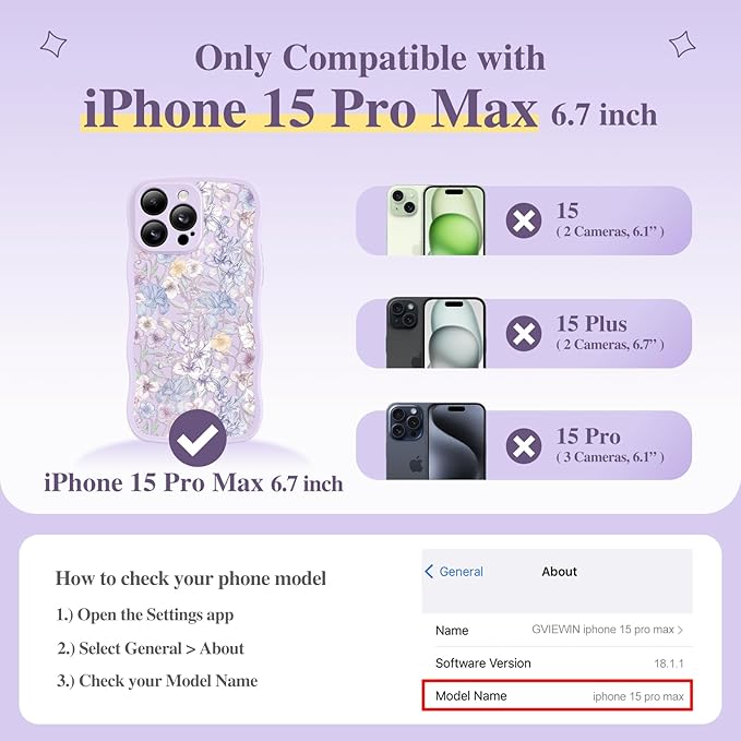 GVIEWIN for iPhone 15 Pro Max Case Compatible with MagSafe [Curly Wave Edge][Full Camera Protection]Floral Translucent Shockproof Magnetic Women Phone Case for 15 Pro Max 6.7'', Apricot Blossom/Purple