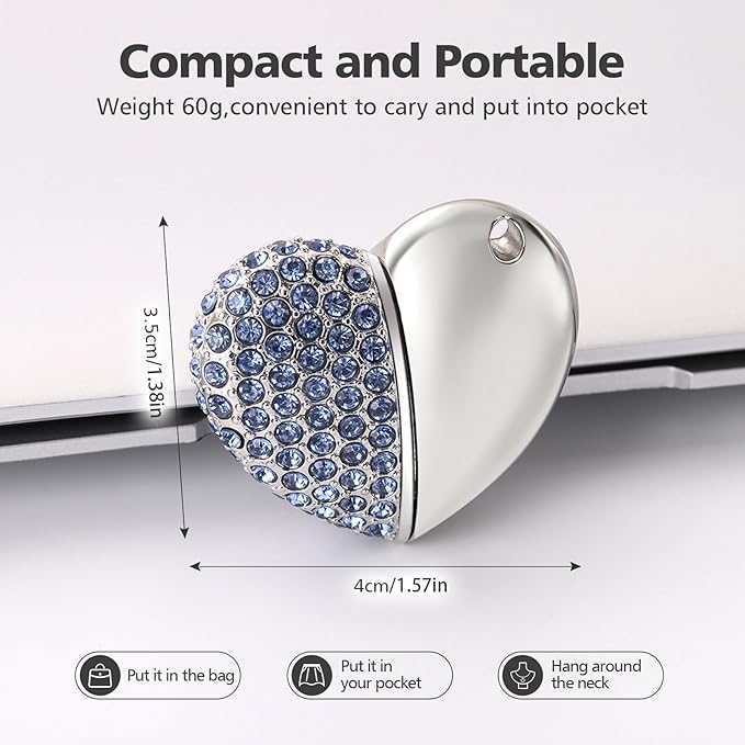 USB 2.0 Flash Drive,Cute Romantic Heart Shape USB Memory Stick,Thumb Drive for Photos, Music, Files Storage (Blue, 32, GB)