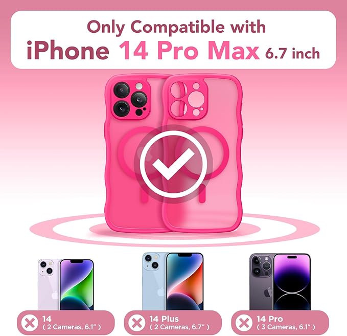 CAPRARO Cute for iPhone 14 Pro Max Case, Compatible with MagSafe, [Curly Wave Edge] [Full Camera Protection] [14 FT Drop Protection] Magnetic Phone Case for 14 Pro Max 6.7 Inch, Hot Pink