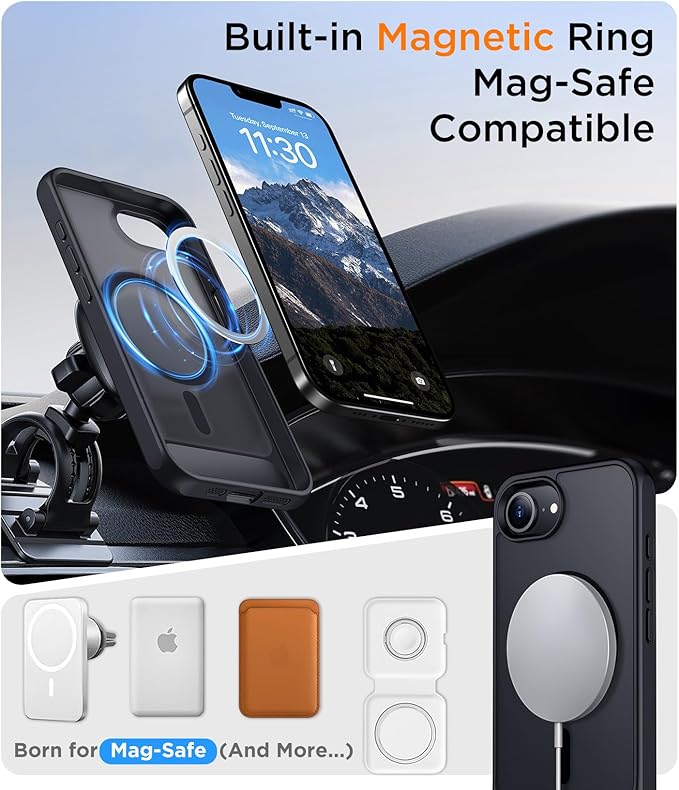 Magnetic Compatible with iPhone 16E Case, [Built-in Invisible Kickstand][Compatible with MagSafe][Military Grade Shockproof] Slim Translucent Matte Case for iPhone 16E 6.1" 2025