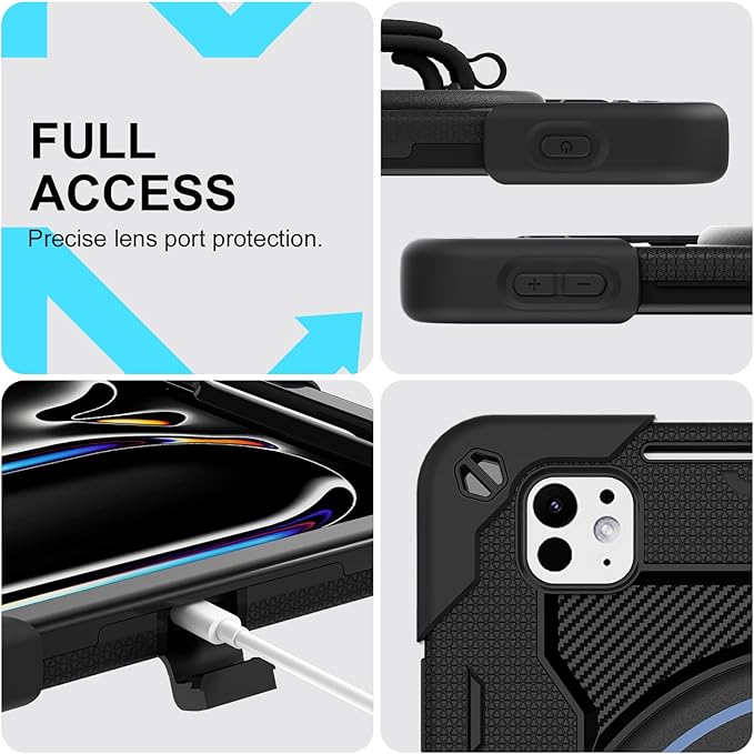 iPad Pro 11 Inch Case M5 2025/M4 2024, Heavy Duty Shockproof Protective Case with Screen Protector, 360° Rotating Stand Hand Strap Shoulder Strap Kids Cover Apple Pencil Holder