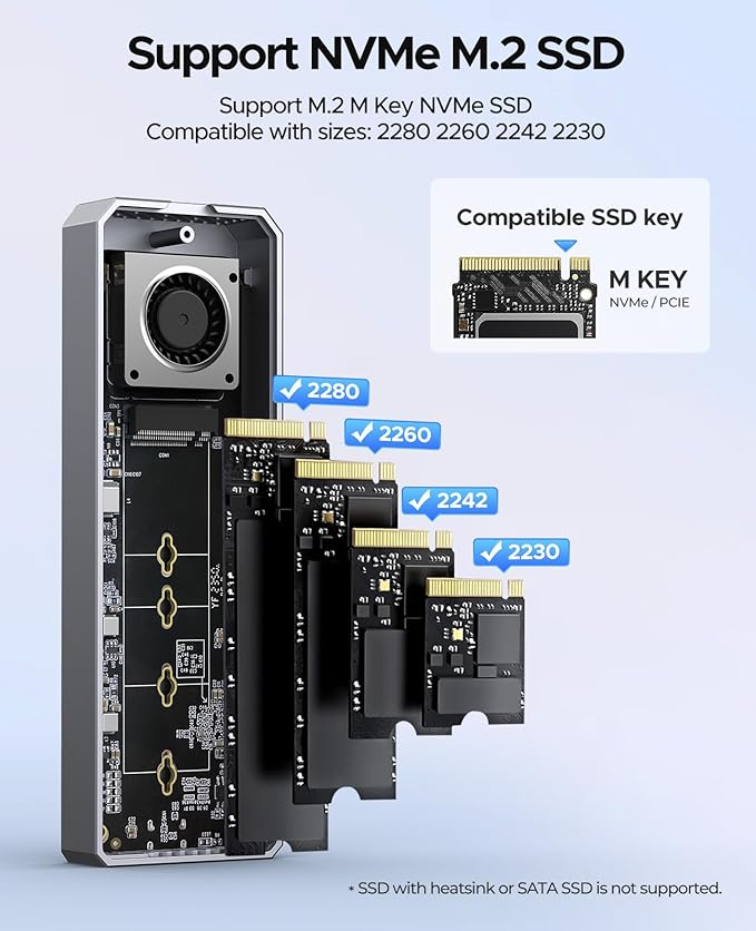 ORICO 40Gbps M.2 NVMe SSD Enclosure with Built-in Cooling Fan, Aluminum External NVMe Case Supports M Key PCIe 4.0 Drive, Compatible with Thunderbolt 3/4, USB4/3.2/3.1/3.0 Interface- CNM2