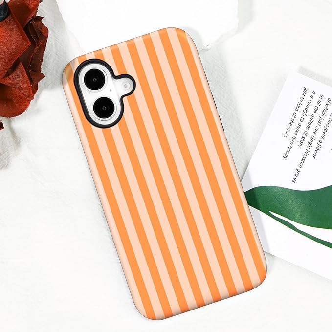 Magnetic for iPhone 16 Plus Case Cute Stripes Phone Case, Shockproof Slim TPU and Hard PC Protective Phone Cover Compatible with MagSafe Designed for Women Girls, Orange