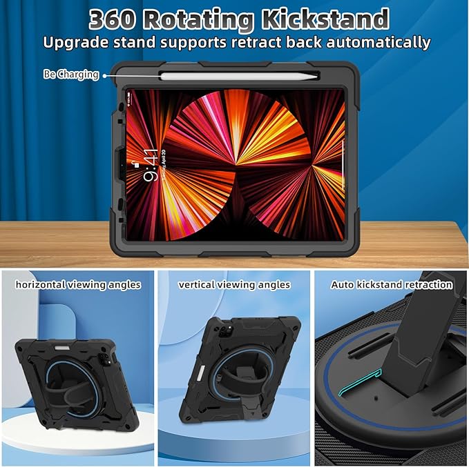 For iPad Air 5th 4th Generation 10.9 inch Case with Screen Protector [15ft Drop Protection] iPad Pro 11 Case 4th 3rd 2nd 1st Gen (2022 2021 2020 2018) for Kids W/ 360 Stand Hand/Shoulder Strap