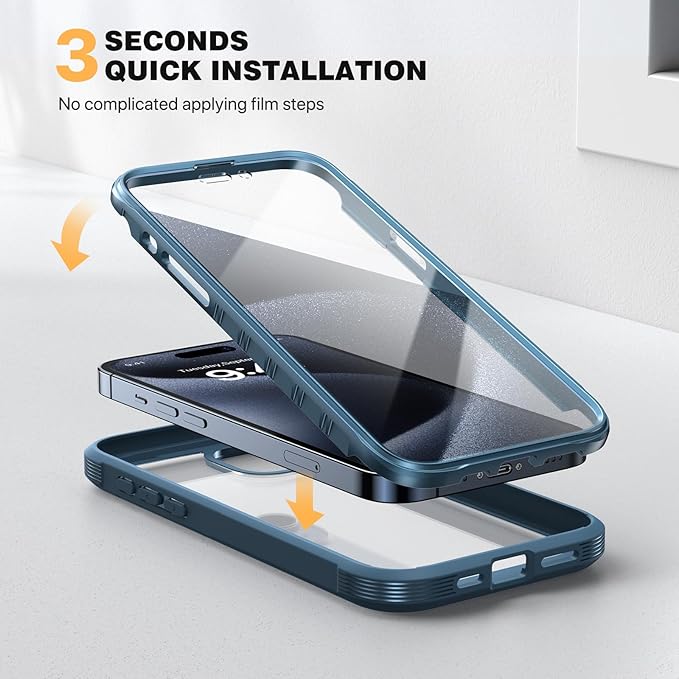 Diaclara Designed for iPhone 15 Pro Case, [Military-Grade Drop Proof] Full-Body Bump Case with Built-in Shockproof Screen Protector, [Camera Lens Protector] Cover for iPhone 15 Pro 6.1"(Deep Blue)